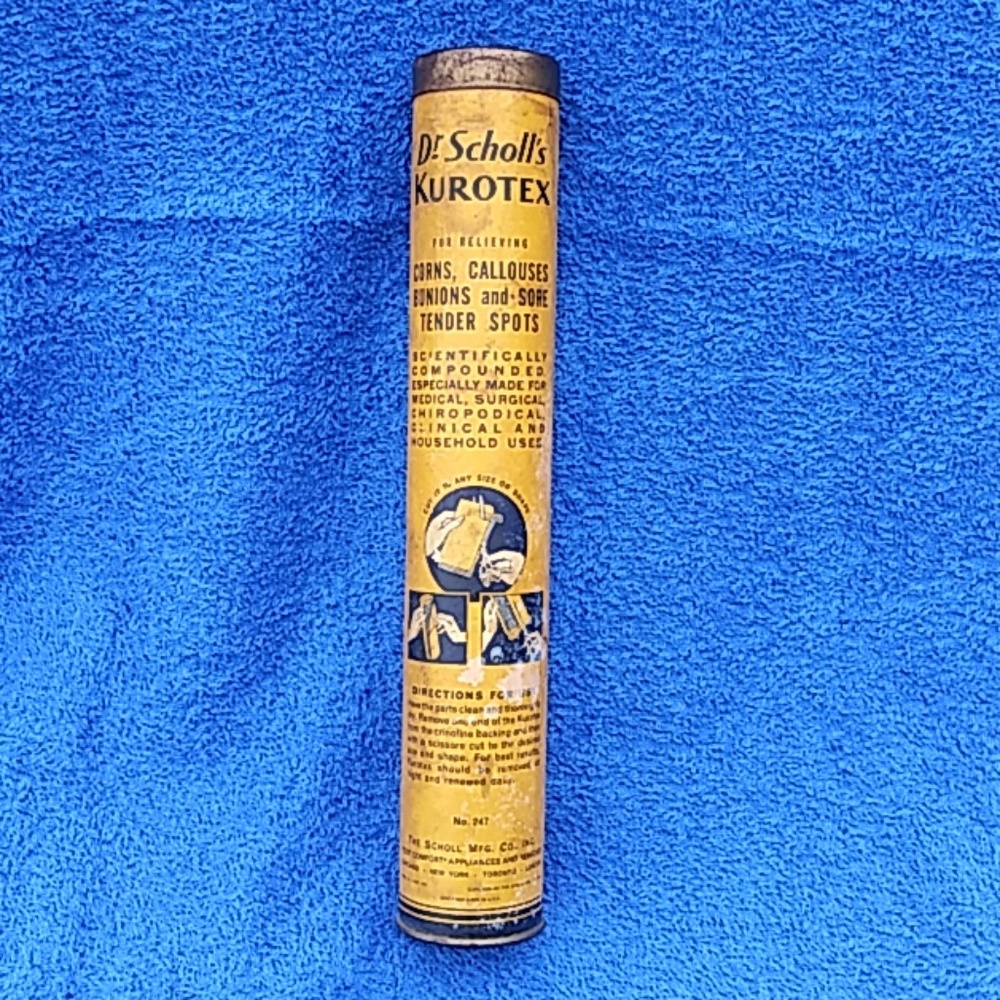 Vintage Dr.Scholl's Kurotex canister w/ directions
